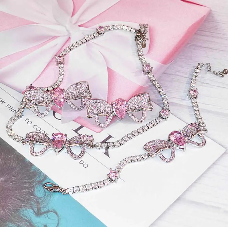 

sweetheart princess exquisite luxury fashion full rhinestone bow pink girls choker clavicle chain necklace bracelet earring set