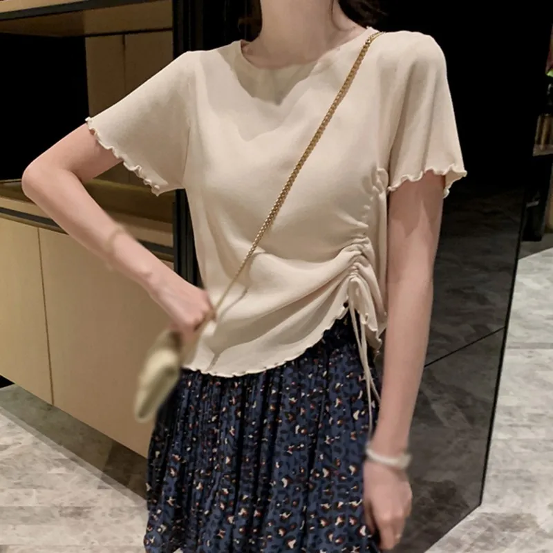 

Irregular Drawstring Carefully Knitted Short-sleeved T-shirt 2020