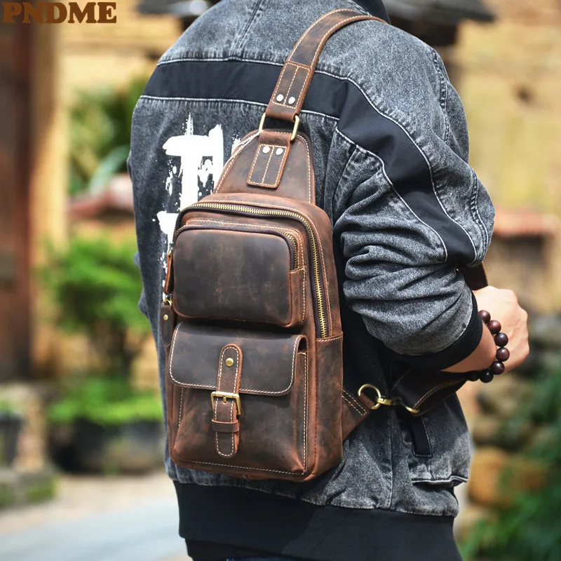 PNDME vintage crazy horse cowhide men's chest bag fashion outdoor daily travel natural genuine leather multi-pocket shoulder bag