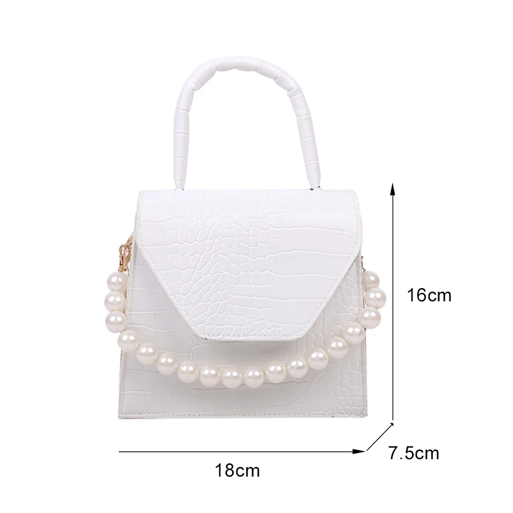 

Retro Women PU Leather Mini Crossbody Bag Alligator Pattern Pearl Chain Fashion Solid Color Female Messenger Handbags