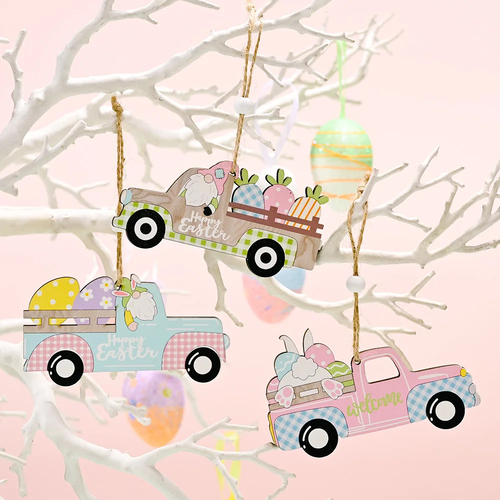 

2022 Easter Decorations Craft Wood Truck Small Pendant Home Decor Printing Hanging Ornament Gift