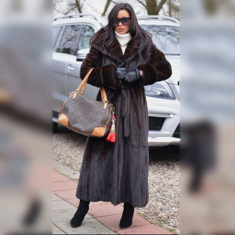 Winter Fashion 120cm Long Real Mink Fur Coats With Hood Thick Warm Whole Skin Genuine Mink Fur Jackets With Belt Slim Overcoats