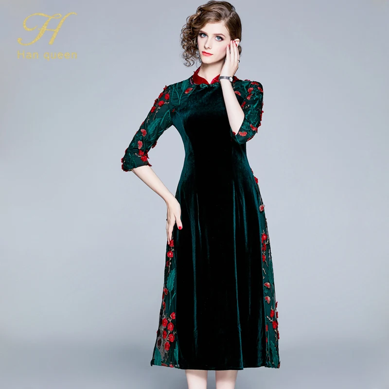 H Han queen Новое поступление весеннее бархатное платье Дамская мода винтажное роскошное вышитое элегантное тонкое женское вечернее платье
