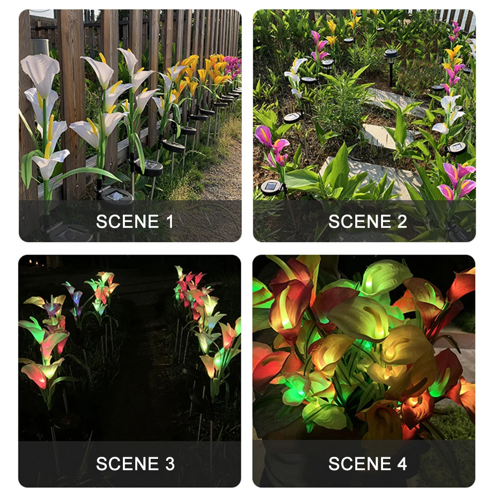 

3pcs Outdoor Flexible Garden Decor Easy Install LED Solar Light Waterproof 7 Colors Changing 4 Calla Lily Flower Stake Lamp