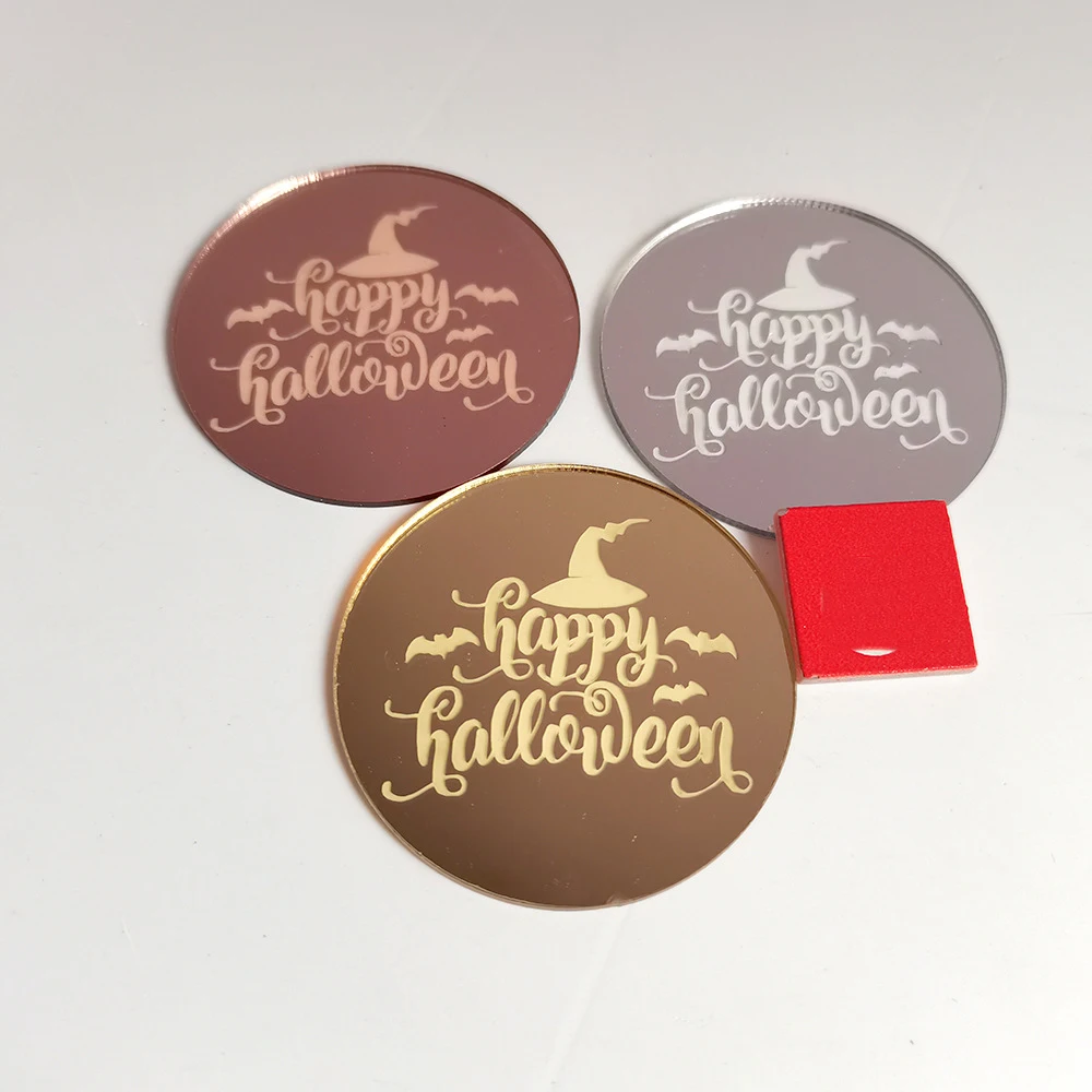 

10pcs Acrylic Happy Halloween Day Cupcake Topper Birthday Gold Circle Cake Topper for Birthday Party Cake Decorations Tools 5cm