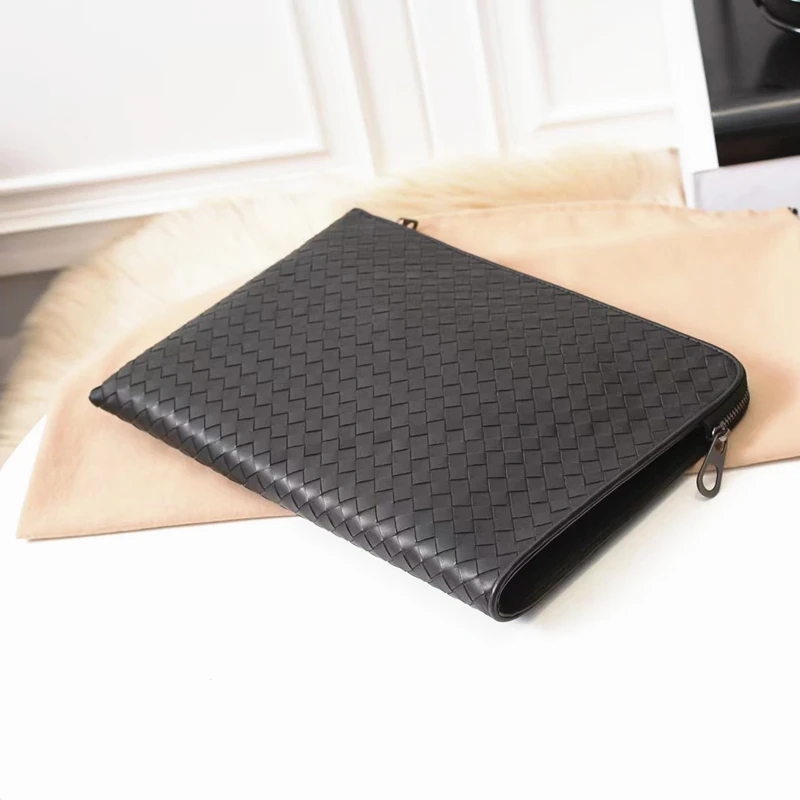 2021 Fashion Woven Brand Briefcase Leather Messenger Bag Luxury Black Casual Envelope Bag Men's Clutch Travel Wallet A4