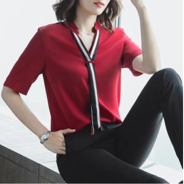 

Красная женская блузка из шифона в Корейском стиле, женские рубашки высокого качества, Женские топы и блузки, профессиональные женские руба...