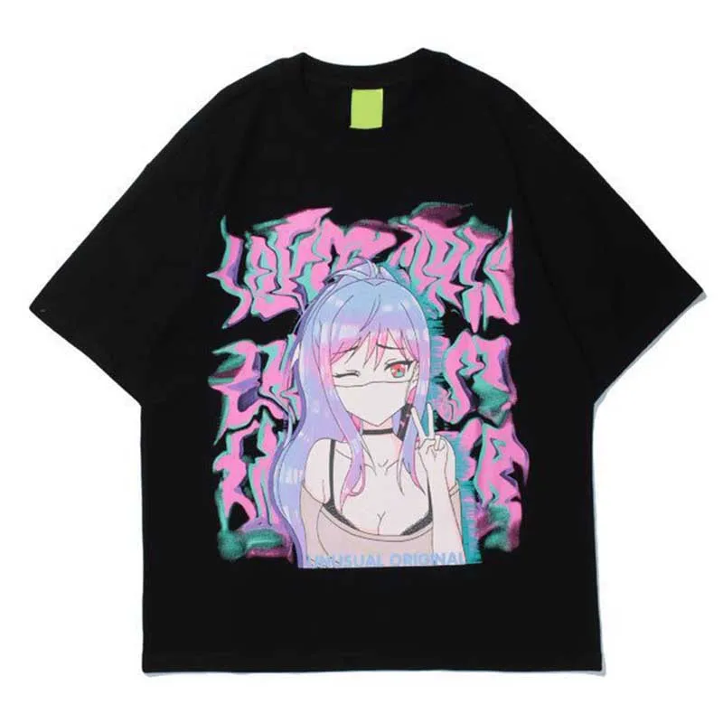 

Женская футболка в японском стиле Y2K с аниме, свободная уличная одежда, повседневные футболки с коротким рукавом в стиле хип-хоп, топы в стил...