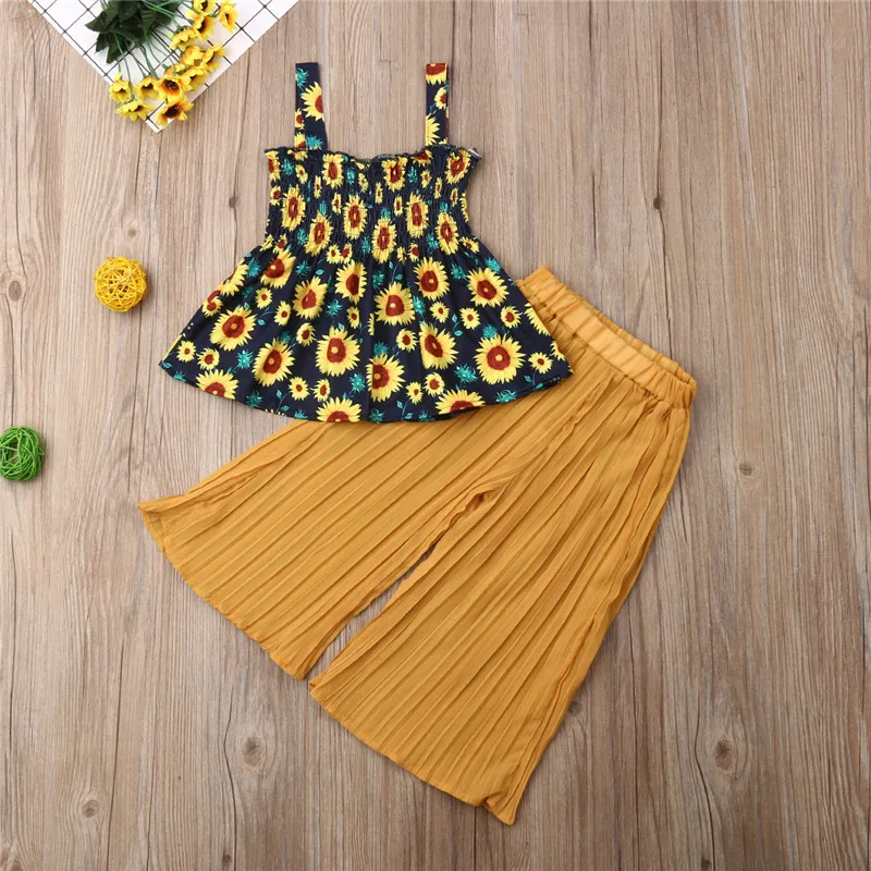 Топ на бретельках с принтом подсолнухов для девочек 2 шт. желтые плиссированные