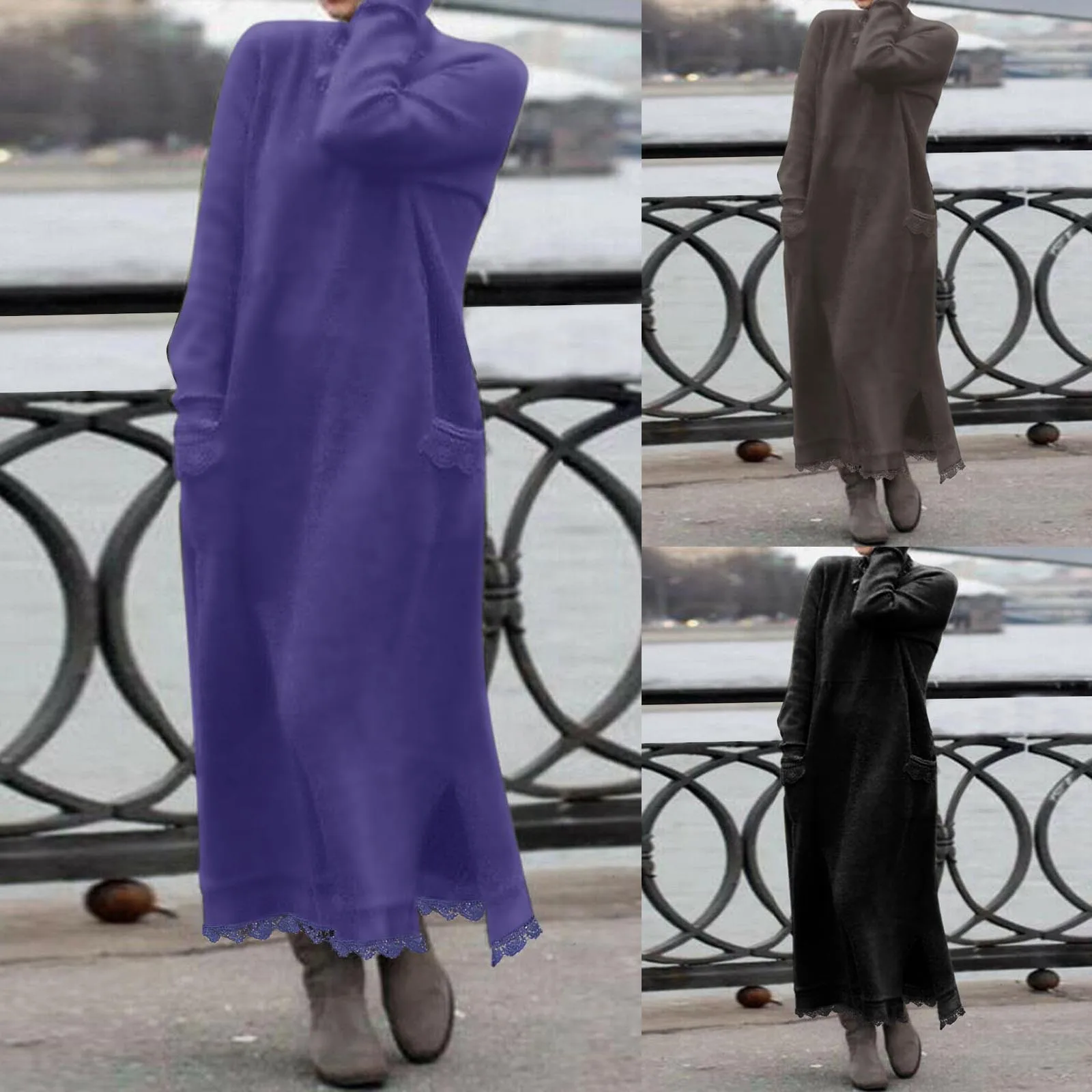 

Fashion Female Winter Wool Sweater Dress Casual O-Neck Solid Fork Open Lace Dress Women Sexy Loose Split Maxi Dress mujer verano