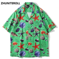 sea star graphics print shirts men hip hop vintage streetwear short sleeve fashion casual hawaiian blouse harajuku summer tops