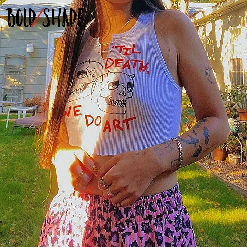 

Bold Shade Streetwear 90s Fashion Women's Crop Tops Safety Pin Skull Letter Print Y2K Tanks 2021 Summer Indie Aesthetic Tank Top
