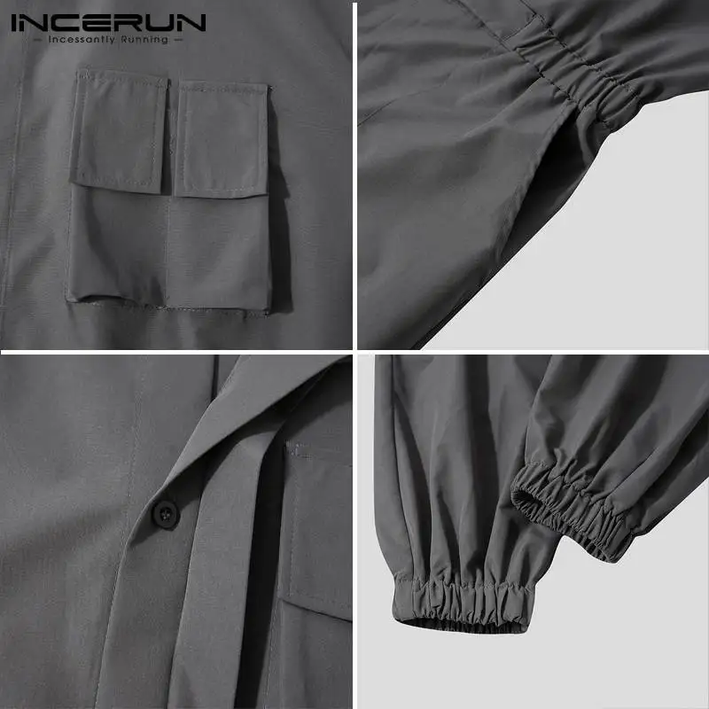 

2021 Men Cargo Overalls Solid Streetwear Lapel Short Sleeve Loose Joggers Fashion Jumpsuits Pockets Rompers Men INCERUN S-5XL