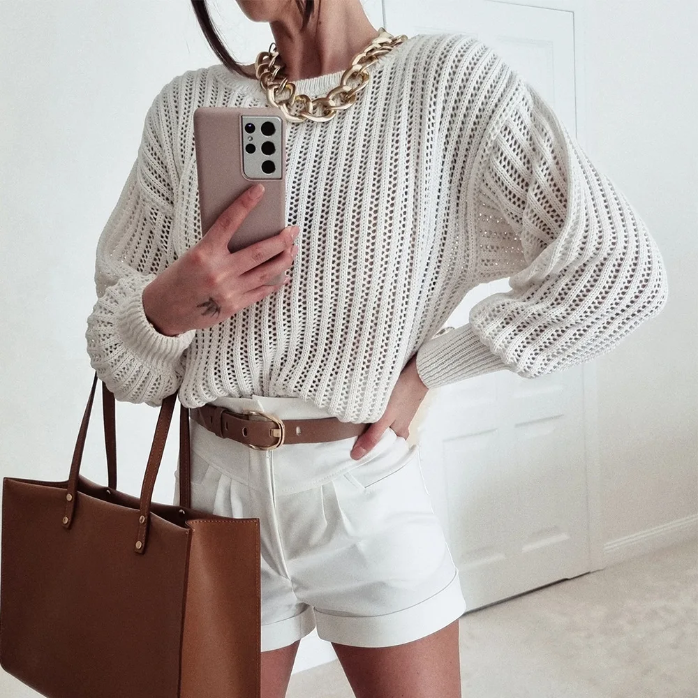 

Hollow Jumper Woman Long Sleeve Round Neck Knitted Sweater New Elegant White Loose Fit Lady Solid Pullovers Fashion2021