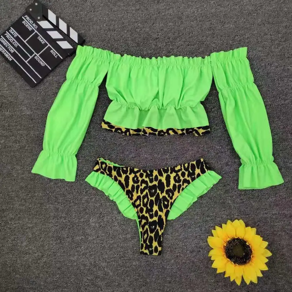 

Neon Bikini Set Mesh High Waist Leg Swimwear long sleeve off shoulders swimsuit women Sexy Lace Ruffled bandage beach wear 2020