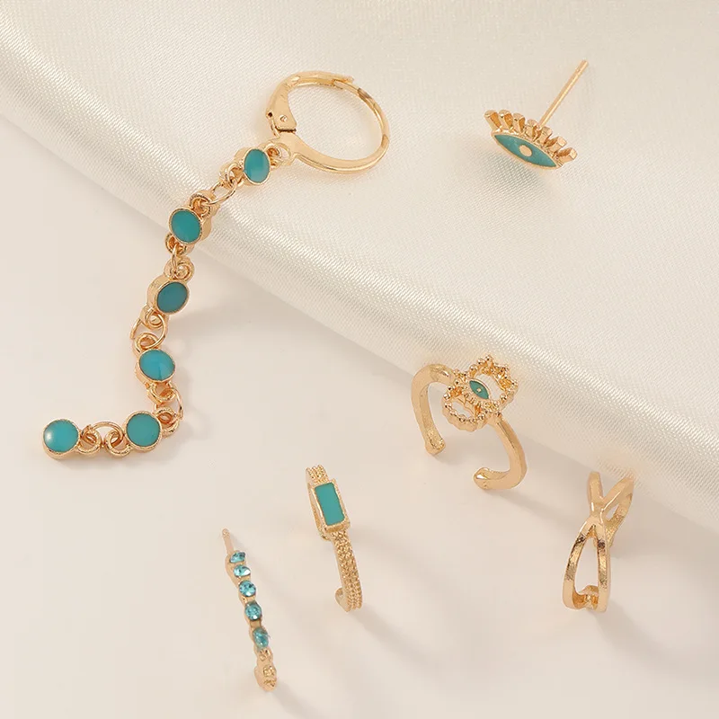 

6pcs/set Bohemia Blue Resin Eye Hand Stud Earring Set for Women Girl C Shape Long Tassel Piercing Statement Earrings Pendientes