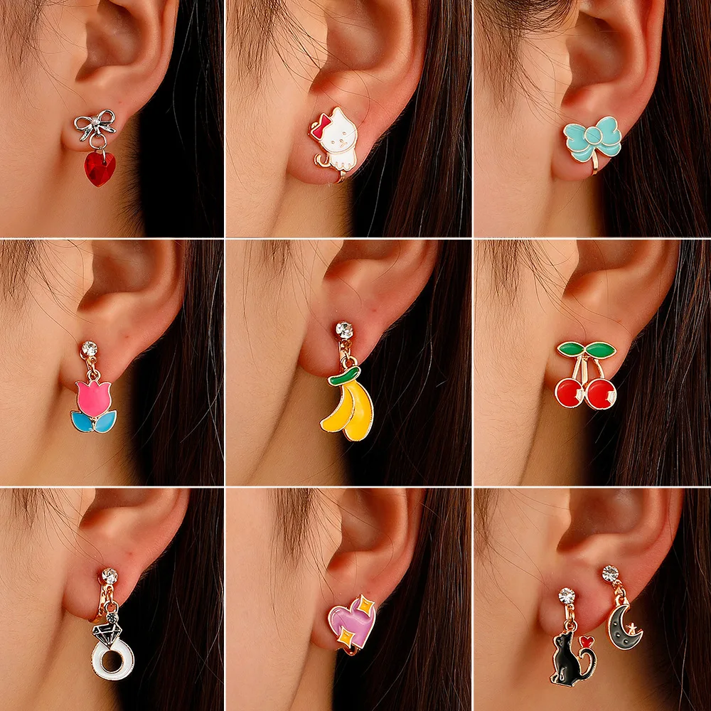 

New Sweet Flowers Cherry Enamel Stud Earrings For Women Fashion Cartoon Drip Glaze Cat Love Heart Girl's Unusual Earring Jewelry
