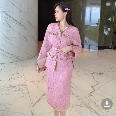 

Elegant Women Pink Tweed 2 Piece Set Fall Winter Plaid V Neck Weave Pocket Belt Woolen Jacket Coat + Knee Pencil Skirt Suits