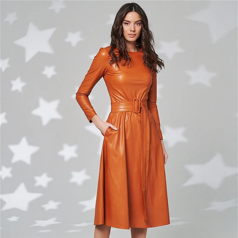 Fashion Belt Faux Leather Dresses Women Long Sleeve Slim Fit PU Dress Sexy Club Wear New Arrival 2021 Autumn Winter