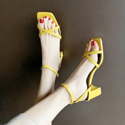 

2019 soft leather straps thick heel toe high-heeled shoes women's wedding sandals