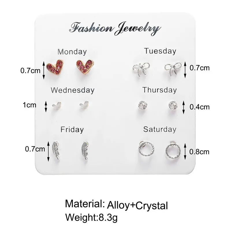 Набор сережек на одну неделю модные простые серьги гвоздики в форме сердца с