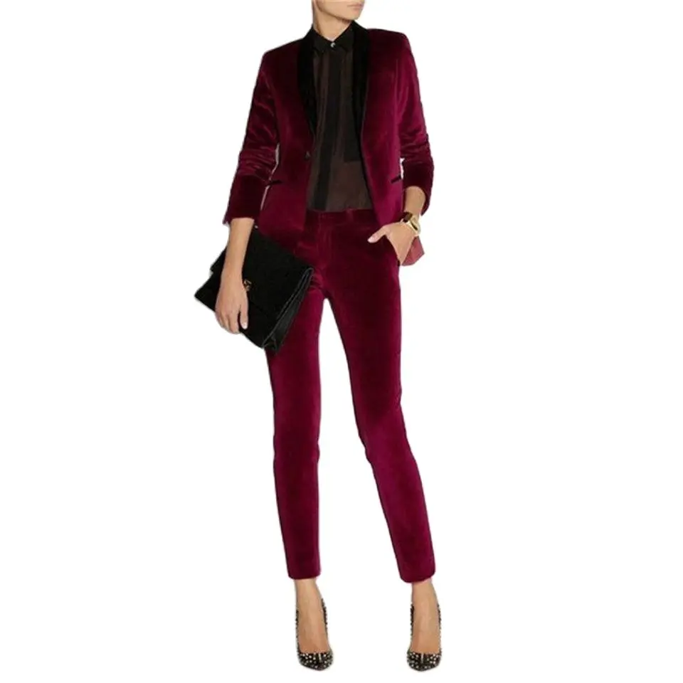 

Burgundy Velvet Ladies Suits Trouser 2 Piece Velevt Suit Formal Business Womens Tailored Suit