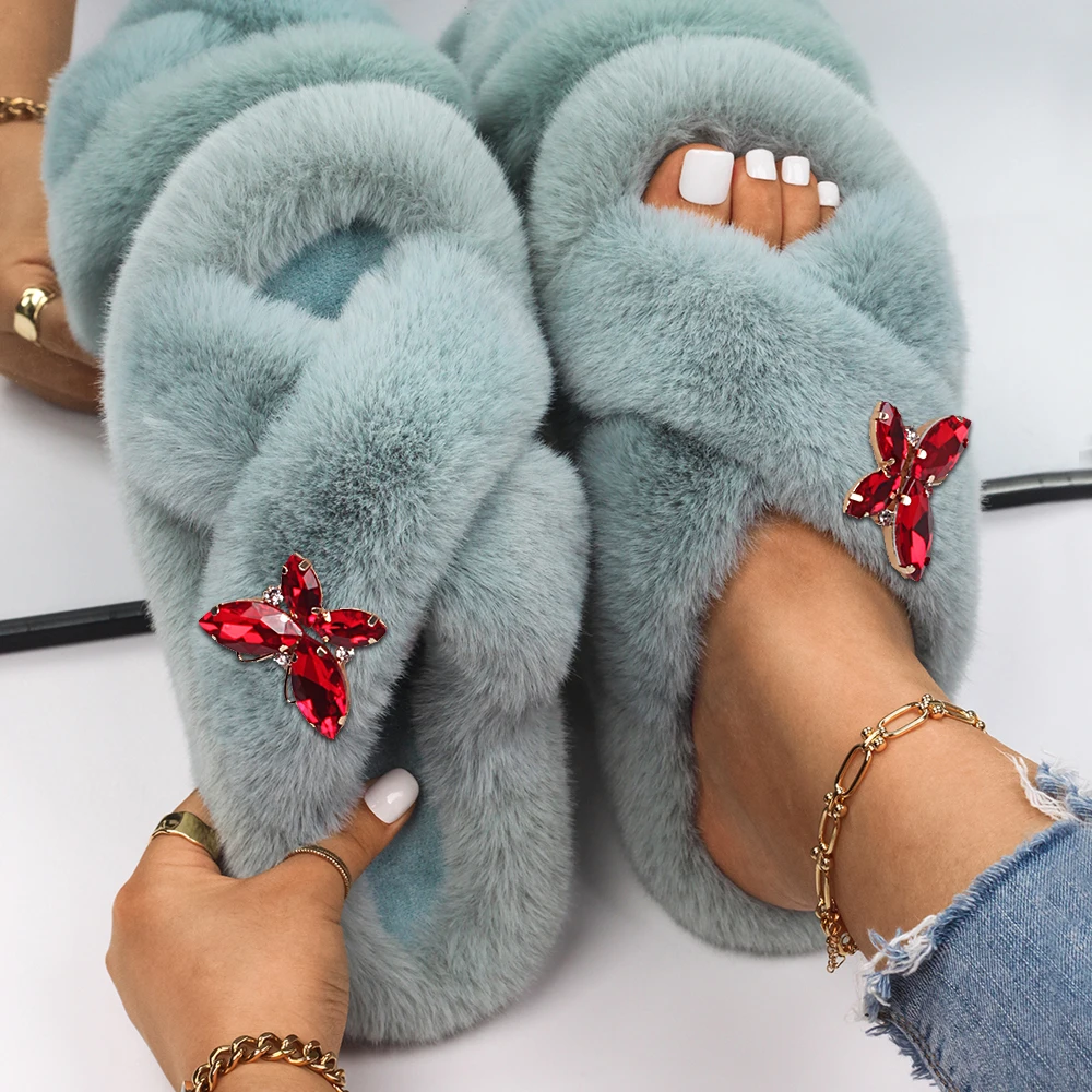 Ladies Slippers Fluffy Flip Flops Women Bling Rhinestone Butterfly Decor Faux Fur Slides Flat Sandals House Slippers Shoes 2021