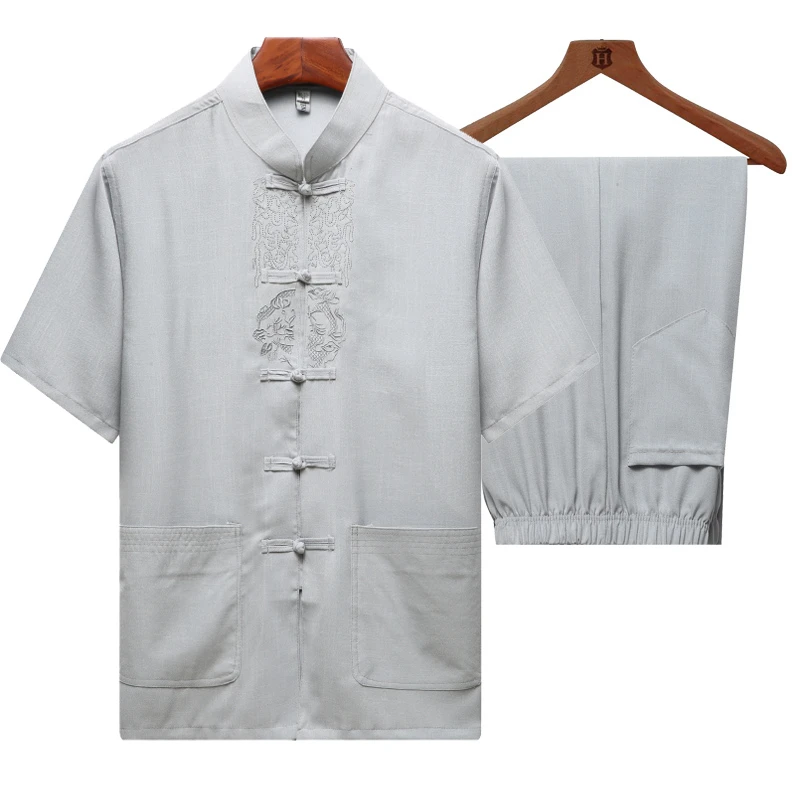 High Quality 2019 New Embroidery Chinese Men's Cotton Linen Wu Shu Clothing Long Sleeve Shirt &amp Pant Kung Fu Tai Chi Suit |