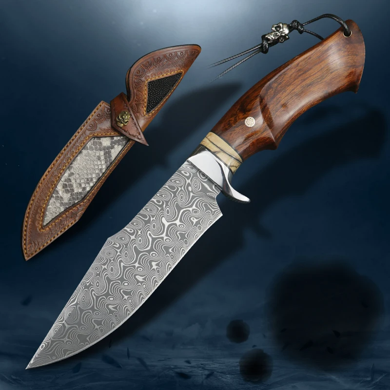 

Дамасский стальной нож, тактический прямоугольный резец с фиксированным лезвием из стали и железа, с деревянной ручкой, для ежедневного исп...