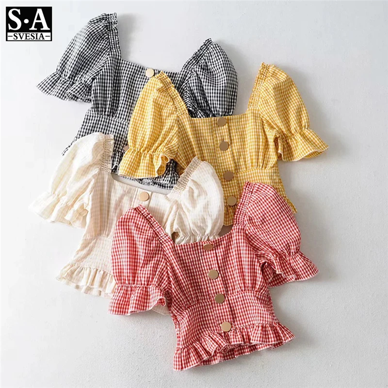 Летние клетчатые рубашки 2020 женские блузки с квадратным воротником короткий