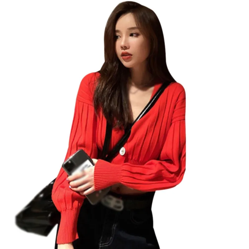 

2020 Spring Autumn Korean Style Fashion Long Sleeve Loose Knit V-neck Thin Short Style Long Sleeve Top T-Shirt Cardigan