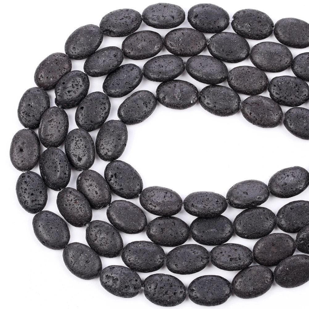 Бусины Из Натурального вулканического камня Плоские Овальные черные лавовые