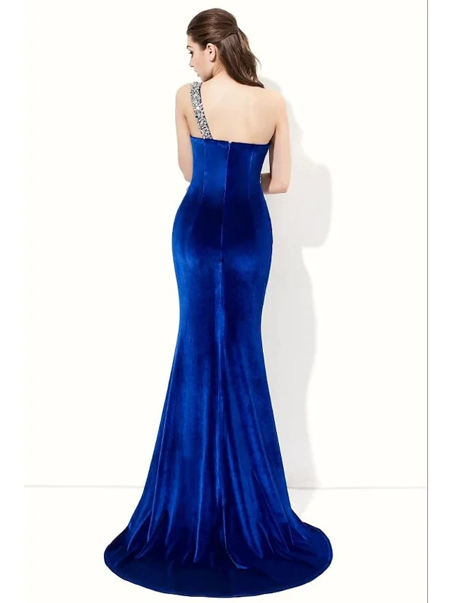 Женское вечернее платье-русалка длинное синее бархатное платье с одним открытым