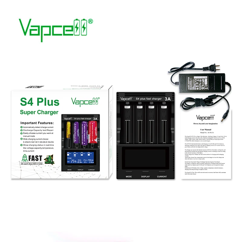 Vapcell Новая обновленная версия S4 plus быстрое зарядное устройство 3 А 4 слота всего 12