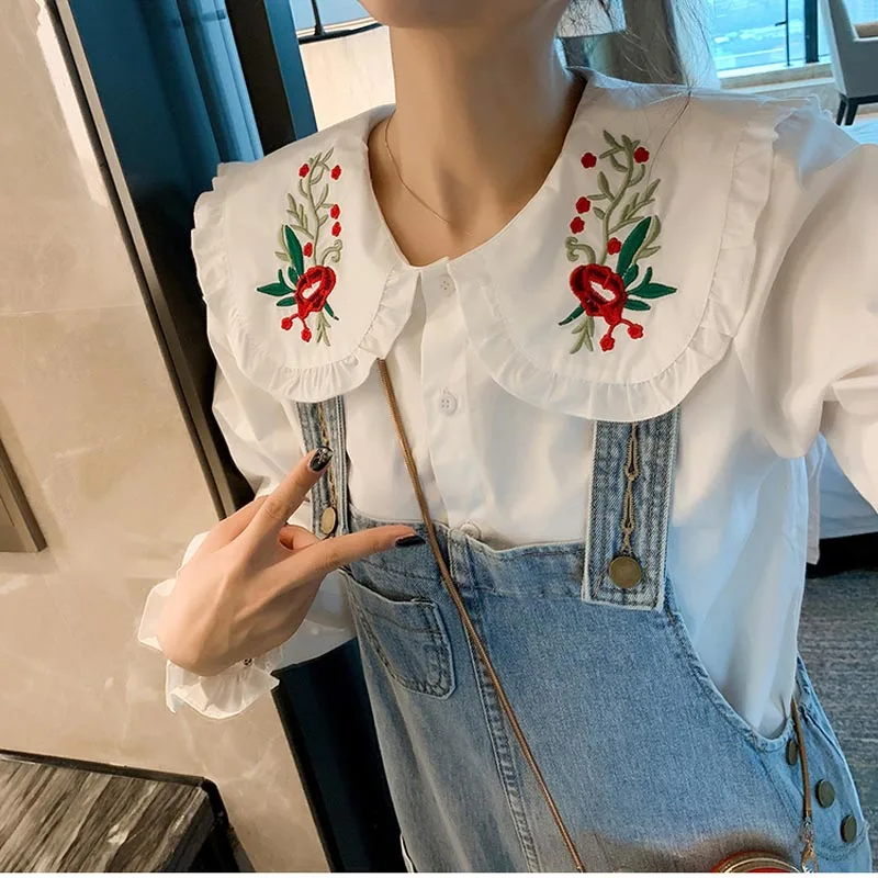 CS547 Осень Дамы с длинным рукавом милый воротник Цветочная вышивка блузка