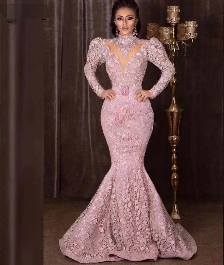 С высокой горловиной одежда с длинным рукавом Русалка Выпускные платья Full Lace