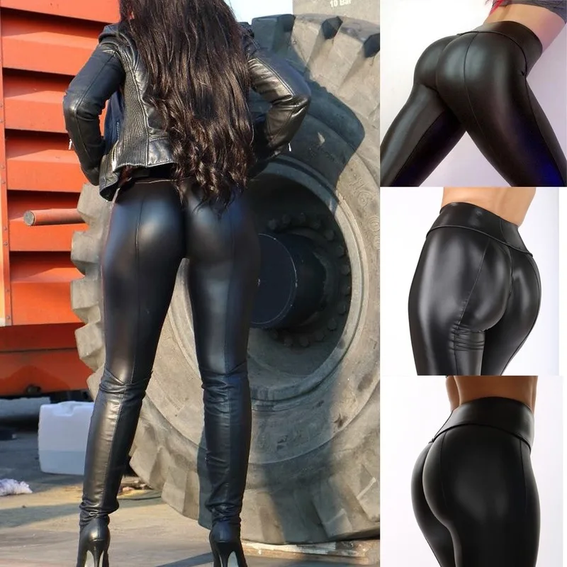 

women stretch pants plus size sweatpants Wet Look Butt Lift Pants Leather PV Skinny Leggings Stretch Trousers ropa mujer