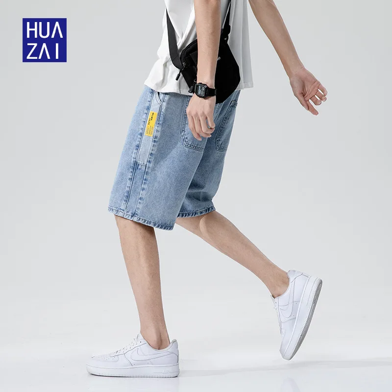 

Hot Men s Denim Shorts Jeams Shorts Pants Male Summer Loose Five Pants Straight Popular Logo Stitching Men Leisure Five Pants