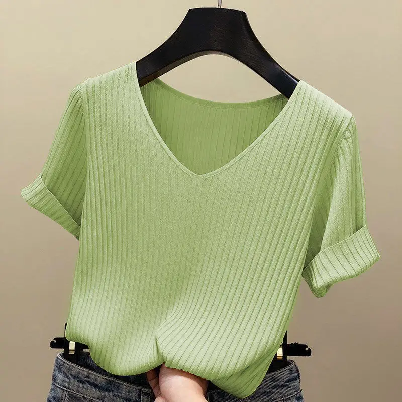 

Ice silk 2021 spring and summer new sweater women's Korean version of the slim solid color V-neck short-sleeved t-shirt top