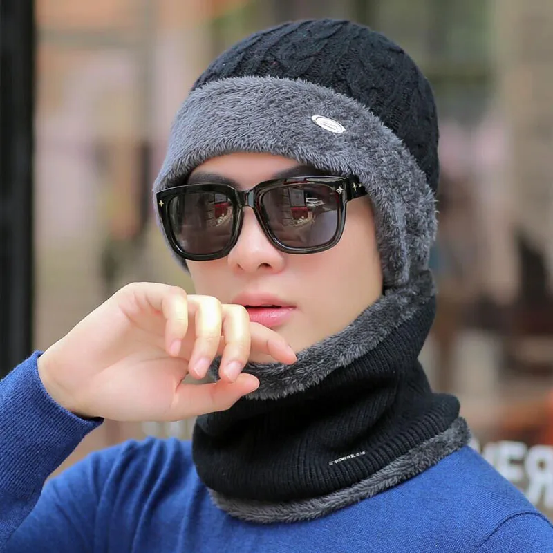 Брендовые зимние шапки для мужчин Skullies Beanies Мужская зимняя вязаная шапка из крученой пряжи шарф из шерсти женская маска капота мужская шапка - Цвет: black Hat scarf