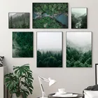 Зеленая гора дерево лес туман современное искусство стены холст картина для декора гостиной скандинавские плакаты и принты настенные картины
