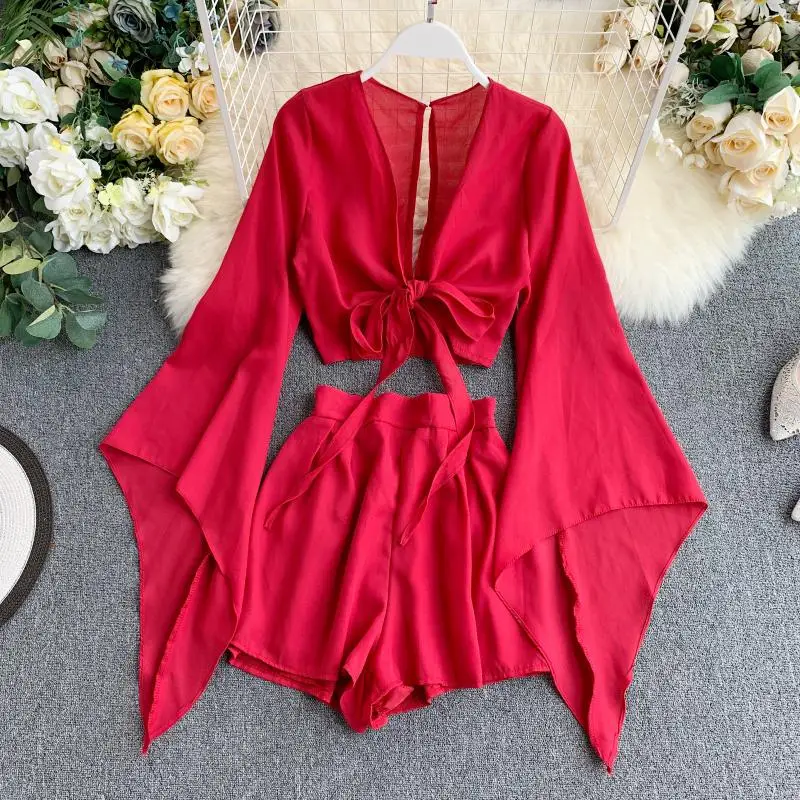 

New Summer 2 Piece Outfits For Women 2021 Flare Sleeve Crop Top + Broad-legged Shorts Fashion Ladies Sexy Solid Chiffon Suit Set
