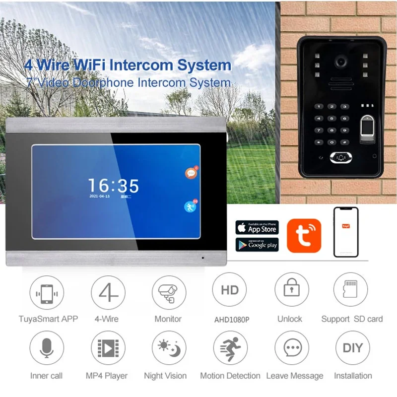 

7 Inch Support Remote APP TUYA Video Intercom WIFI RFID Fingerprint Video Door Phone System Home Intercom Video Doorbell