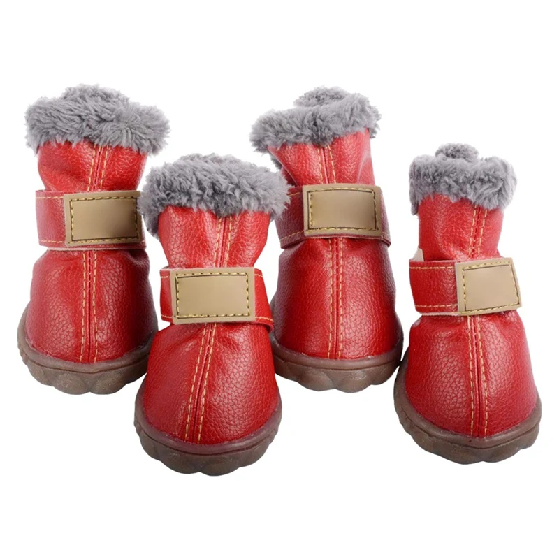 R 4pcs/set Winter Super Warm Pet Dog Shoes Waterproof Dog Boots Cotton Super-fiber Leather Anti Slip Dog Socks for Pet Product - Color: R