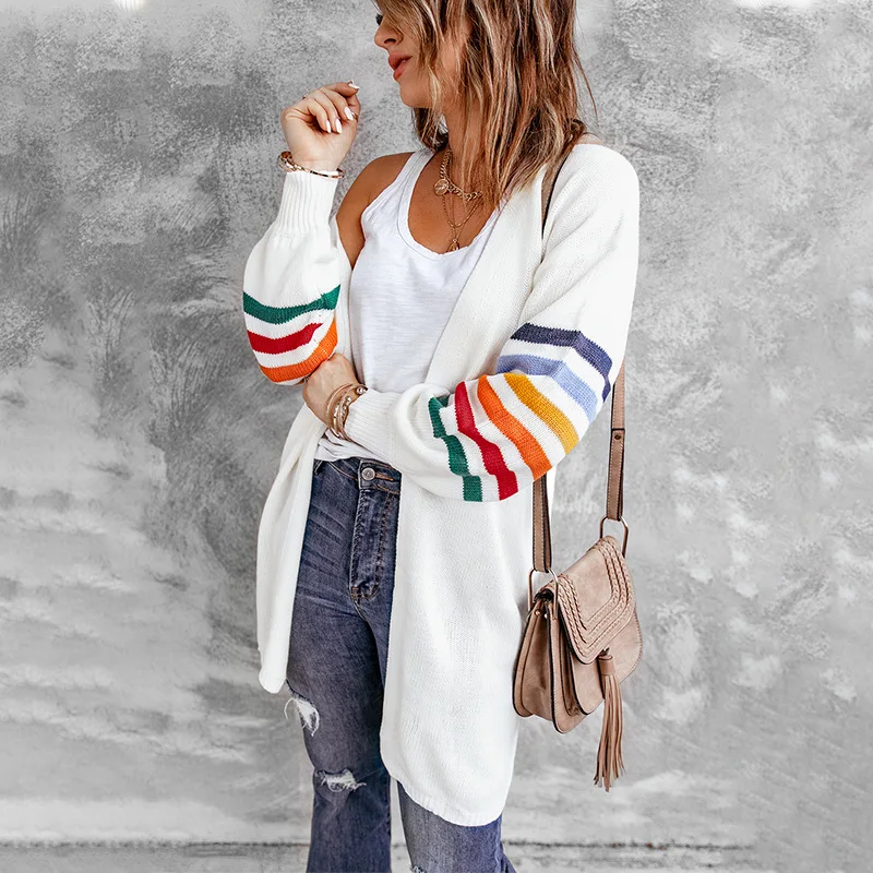 

European and American knitwear women 2021 contrast color lantern sleeve cardigan sweater new long autumn and winter coat women