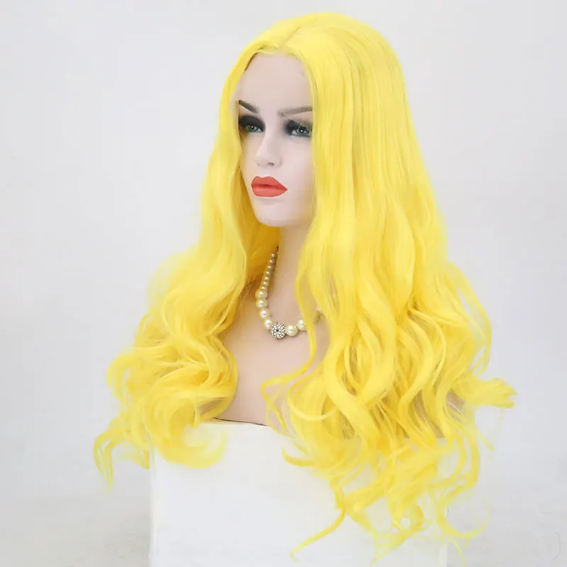 BM Light Yellow Loose Wave Synthetic 13*4 Lace Front Wig Heat Resistant Fiber Hair Natural Hairline Middle Parting For Women Wig