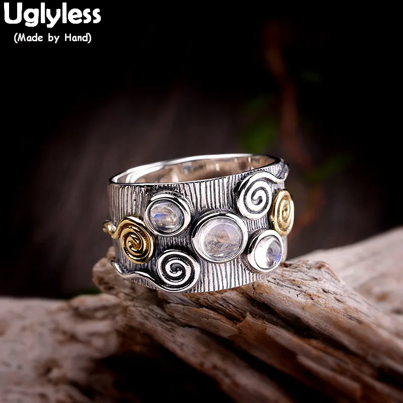 

Uglyless Curved Thai Silver Exotic Wide Rings for Women Real 925 Sterling Silver Open Rings Cat's Eyes Stones Agate Jewelry R847