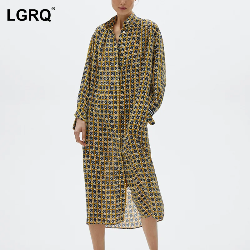 

[LGRQ] Printed Casual Elegant Women's Dress New Turn Down Neck Long Sleeve Loose Fit Fashion Tide Spring Autumn 2021 19D4843