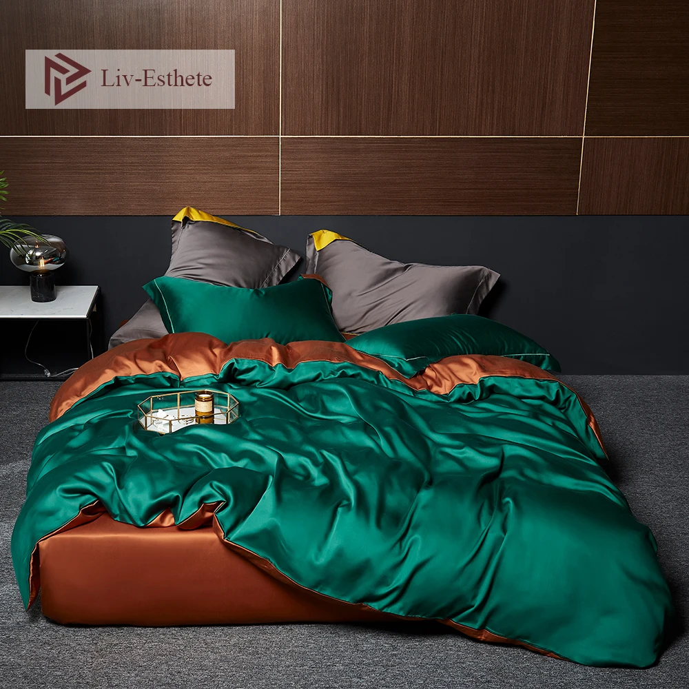 

Liv-Esthete Dark Green 100% Silk Bedding Set Beauty Duvet Cover Brown Fitted Sheet Or Flat Flat Sheet Pillowcace Queen King Set
