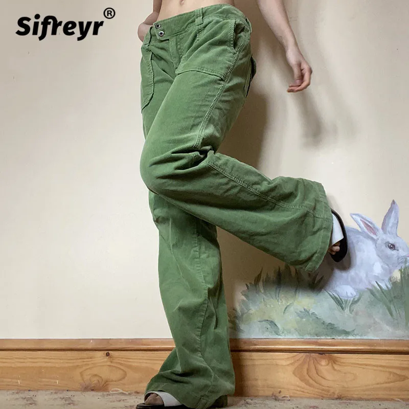 

Sifreyr Vintage Corduroy Baggy Pants Women Harajuku Low Waist Pocket Fairycore Straight Trousers 90s Streetwear Casual Y2k Pants